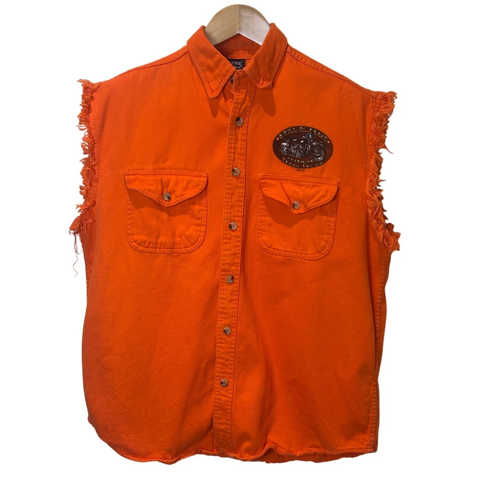 Motorcycle Biker Shirt Vest Lightning Clothing Frayed Sleeveless Orange Size‎ L